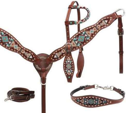 Showman Navajo Teal & Brown Beaded Headstall, Breast Collar and Wither Strap Set in Saudi Arabia