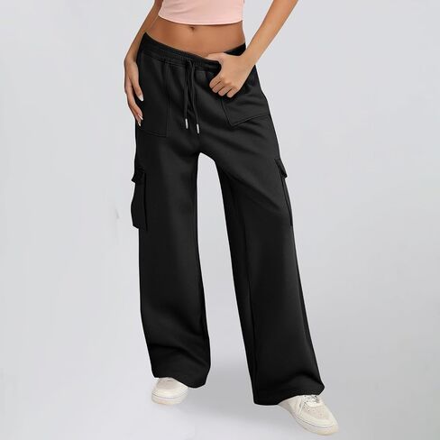 Womens Cargo Sweatpants with Pockets Wide Leg Fleece Lined High Waisted Baggy Sweat Pants Athletic Workout Joggers in Kuwait