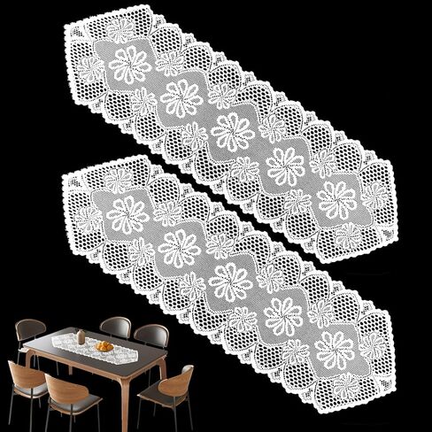 2 Pack 12.9x45.7 Inch Lace Rectangular Table Runner,White Dresser Scarf Doilies,Coffee Table Runner for Bedroom Furniture, Home Decor in Kuwait
