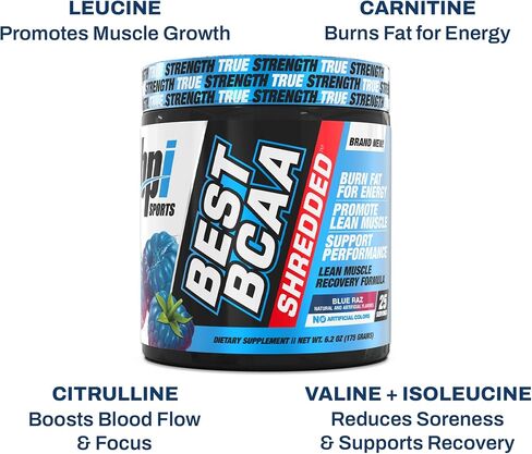 BPI Sports Best BCAA Shredded Caffeine-Free Thermogenic Recovery Formula BCAA Powder Lean Muscle Building Accelerated Recovery - Hydration - Blue Raspberry- 25 Servings - 9.7 Ounce in Kuwait