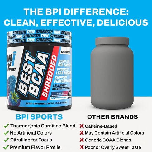 BPI Sports Best BCAA Shredded Caffeine-Free Thermogenic Recovery Formula BCAA Powder Lean Muscle Building Accelerated Recovery - Hydration - Blue Raspberry- 25 Servings - 9.7 Ounce in Kuwait