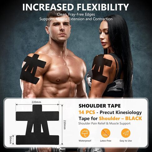 Precut Kinesiology Tape for Shoulder – 14 PCS Elastic Shoulder Support Tape, Waterproof & Breathable, Hypoallergenic Sports Tape for Pain Relief, Black in Saudi Arabia