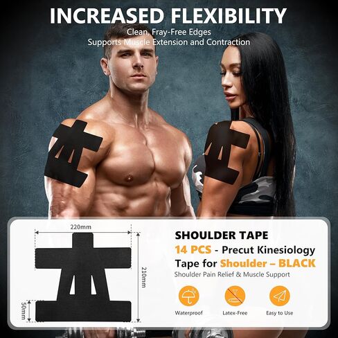 Precut Kinesiology Tape for Shoulder – 14 PCS Elastic Shoulder Support Tape, Waterproof & Breathable, Hypoallergenic Sports Tape for Pain Relief, Black in Saudi Arabia