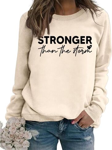 Stronger Than the Storm Sweatshirt Women Christian Long Sleeve Graphic Shirts Inspirational Positive Pullover Tops in Saudi Arabia