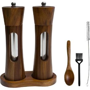 2 packs of 8-inch two+Acacia wood 8-shaped base+Acacia wood spoon+steel brush+black brush set, manual salt and pepper grinder, reusable salt grinder, adjustable roughness salt grinder in Saudi Arabia