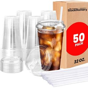 32oz Clear Plastic Cups With Lids & Straws Thick, Reusable, Disposable Iced Coffee Cups for Smoothies, Beer & Any Beverages for Parties, Weddings & Gatherings (50 Sets) in Saudi Arabia