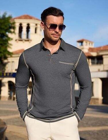 رجال طويل الأكمام قميص بولو قميص قميص غولف غولف كلاسيكي القمصان Lightweigt pullover مع جيب in Kuwait
