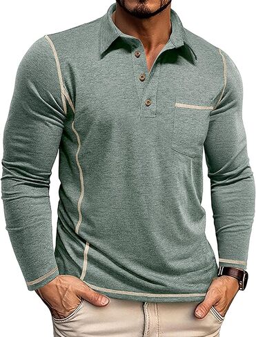 Mens Long Sleeve Polo Shirt Casual Collared Golf T-Shirt Classic Button Lightweigt Pullover Shirts with Pocket in Kuwait
