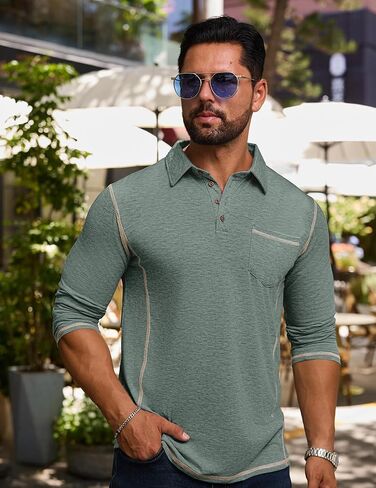 Mens Long Sleeve Polo Shirt Casual Collared Golf T-Shirt Classic Button Lightweigt Pullover Shirts with Pocket in Kuwait