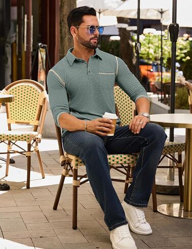 Mens Long Sleeve Polo Shirt Casual Collared Golf T-Shirt Classic Button Lightweigt Pullover Shirts with Pocket in Kuwait