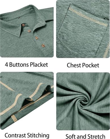 Mens Long Sleeve Polo Shirt Casual Collared Golf T-Shirt Classic Button Lightweigt Pullover Shirts with Pocket in Kuwait