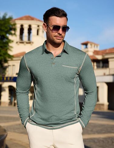 Mens Long Sleeve Polo Shirt Casual Collared Golf T-Shirt Classic Button Lightweigt Pullover Shirts with Pocket in Kuwait
