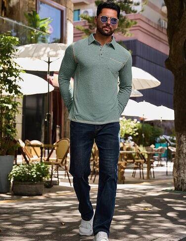 Mens Long Sleeve Polo Shirt Casual Collared Golf T-Shirt Classic Button Lightweigt Pullover Shirts with Pocket in Kuwait