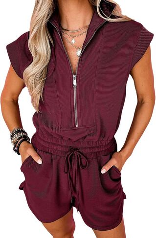Rompers for Womens Summer Short Sleeve Half Zip Lapel Collar Drawstring One Piece Jumpsuit with Pockets in Saudi Arabia