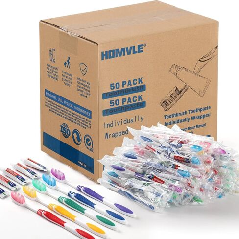 Homvle 50 حزم فرشاة الأسنان المغلفة بشكل فردي ومعجون أسنان ، فرشاة أسنان يمكن التخلص منها مع معجون أسنان للسفر Ttoothbrush مستلزمات ، OCC ، Airbnb ، طبيب أسنان ، مكتب/5 ملون in Saudi Arabia