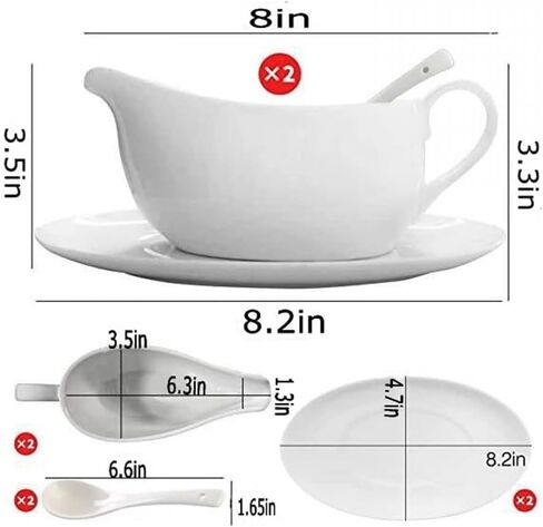 Qlans Gravy Boat With Ladle and Saucer 17 Oz,Ceramic Sauce Boat with Tray for Salad Dressings Milk,Warming Sauces,Creamer,Broth,Black Pepper,White (2 PCS New Gravy Boat With Ladle and Saucer) in Kuwait