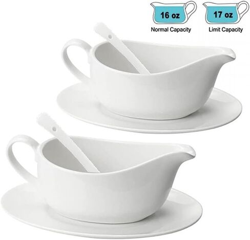 Qlans Gravy Boat With Ladle and Saucer 17 Oz,Ceramic Sauce Boat with Tray for Salad Dressings Milk,Warming Sauces,Creamer,Broth,Black Pepper,White (2 PCS New Gravy Boat With Ladle and Saucer) in Kuwait