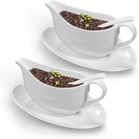 Qlans Gravy Boat With Ladle and Saucer 17 Oz,Ceramic Sauce Boat with Tray for Salad Dressings Milk,Warming Sauces,Creamer,Broth,Black Pepper,White (2 PCS New Gravy Boat With Ladle and Saucer) in Kuwait