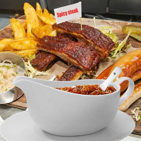 Qlans Gravy Boat With Ladle and Saucer 17 Oz,Ceramic Sauce Boat with Tray for Salad Dressings Milk,Warming Sauces,Creamer,Broth,Black Pepper,White (2 PCS New Gravy Boat With Ladle and Saucer) in Kuwait