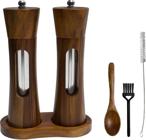 2 packs of 8-inch two+Acacia wood 8-shaped base+Acacia wood spoon+steel brush+black brush set, manual salt and pepper grinder, reusable salt grinder, adjustable roughness salt grinder in Saudi Arabia