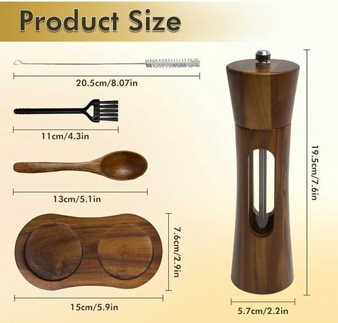 2 packs of 8-inch two+Acacia wood 8-shaped base+Acacia wood spoon+steel brush+black brush set, manual salt and pepper grinder, reusable salt grinder, adjustable roughness salt grinder in Saudi Arabia