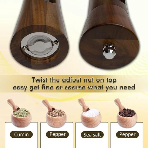 2 packs of 8-inch two+Acacia wood 8-shaped base+Acacia wood spoon+steel brush+black brush set, manual salt and pepper grinder, reusable salt grinder, adjustable roughness salt grinder in Saudi Arabia