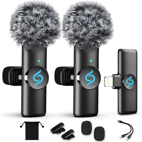 2 Pack Wireless Lavalier Microphone for iPhone iPad, Plug-Play Mini Mic with Noise Reduction, 2.4GHz Lapel Microphone for Video Recording, Interview, Vlogging in Saudi Arabia