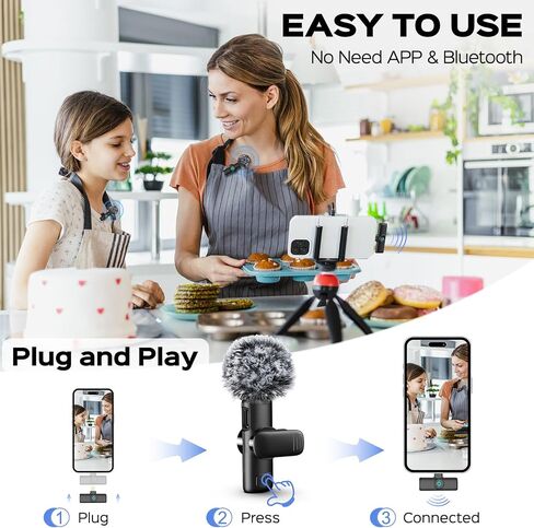2 Pack Wireless Lavalier Microphone for iPhone iPad, Plug-Play Mini Mic with Noise Reduction, 2.4GHz Lapel Microphone for Video Recording, Interview, Vlogging in Saudi Arabia