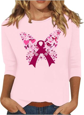 Cancer Awareness Shirts for Women Casual Butterfly Print Crew Neck Pink Ribbon t-Shirt 3/4 Sleeve Pullover Tee Top in Saudi Arabia