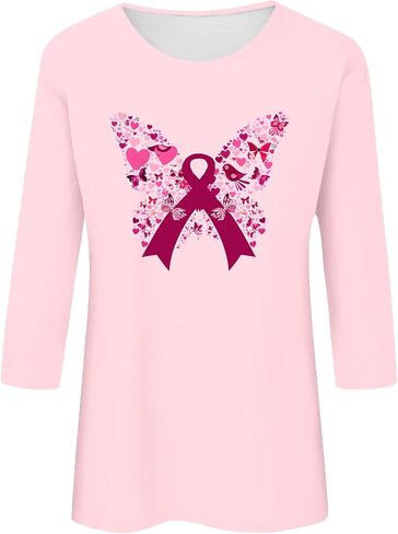 Cancer Awareness Shirts for Women Casual Butterfly Print Crew Neck Pink Ribbon t-Shirt 3/4 Sleeve Pullover Tee Top in Saudi Arabia
