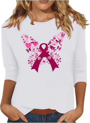 Cancer Awareness Shirts for Women Casual Butterfly Print Crew Neck Pink Ribbon t-Shirt 3/4 Sleeve Pullover Tee Top in Saudi Arabia