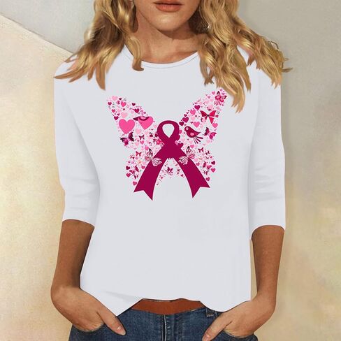Cancer Awareness Shirts for Women Casual Butterfly Print Crew Neck Pink Ribbon t-Shirt 3/4 Sleeve Pullover Tee Top in Saudi Arabia