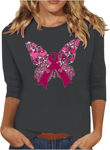 Cancer Awareness Shirts for Women Casual Butterfly Print Crew Neck Pink Ribbon t-Shirt 3/4 Sleeve Pullover Tee Top in Saudi Arabia
