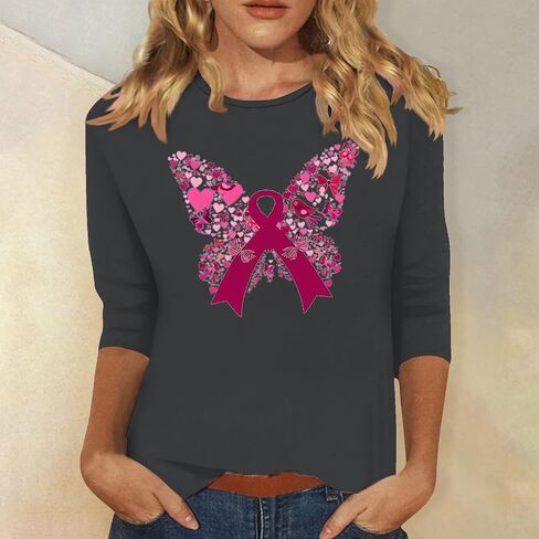 Cancer Awareness Shirts for Women Casual Butterfly Print Crew Neck Pink Ribbon t-Shirt 3/4 Sleeve Pullover Tee Top in Saudi Arabia