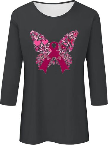 Cancer Awareness Shirts for Women Casual Butterfly Print Crew Neck Pink Ribbon t-Shirt 3/4 Sleeve Pullover Tee Top in Saudi Arabia