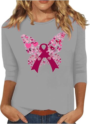 Cancer Awareness Shirts for Women Casual Butterfly Print Crew Neck Pink Ribbon t-Shirt 3/4 Sleeve Pullover Tee Top in Saudi Arabia