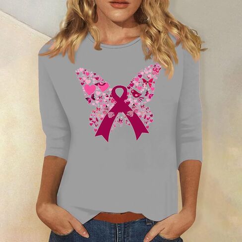 Cancer Awareness Shirts for Women Casual Butterfly Print Crew Neck Pink Ribbon t-Shirt 3/4 Sleeve Pullover Tee Top in Saudi Arabia