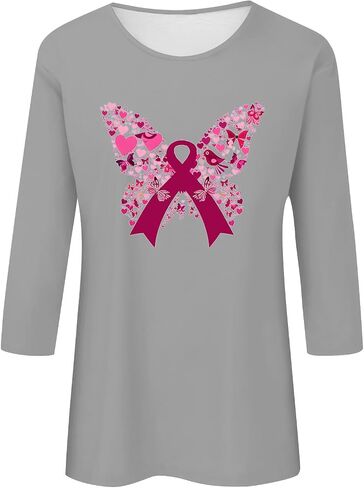 Cancer Awareness Shirts for Women Casual Butterfly Print Crew Neck Pink Ribbon t-Shirt 3/4 Sleeve Pullover Tee Top in Saudi Arabia