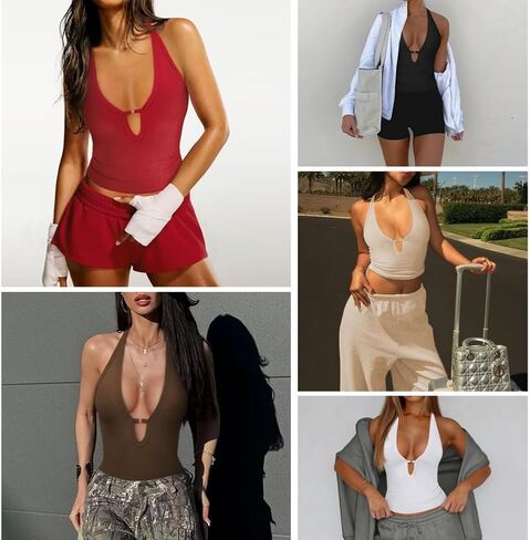 Higianna نساء مثير Deep v دبابة مضلعة أعلى - قميص متماسكة بلا أكمام للملابس الصيفية غير الرسمية in Kuwait