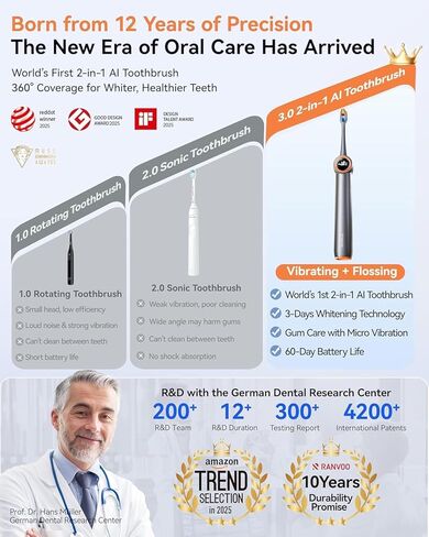 RANVOO [Vibrating & Flossing 2-in-1 AirJet Bubble Sonic Electric Toothbrush, 100% Plaque Removal, Whiter for Adult Protect Gum Orthodontic Teeth Clean Rechargeable Gift with 2 Soft Brush Heads Grey in Kuwait