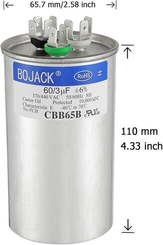 BOJACK 60+3 UF 60/3 MFD ± 6 ٪ 370V/440V CBB65 مكثف بدء تشغيل دائري مزدوج للتشغيل أو بدء تشغيل محرك AC أو مكثف بارد أو مكيف مضخة حرارة in Kuwait