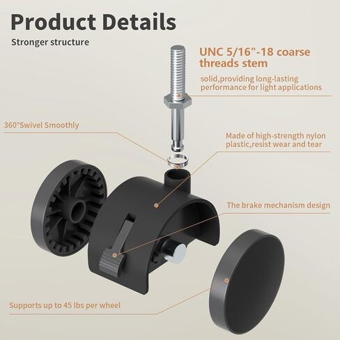 2" Nylon Plastic Swivel Caster Wheels with Brake, 5/16"-18 Threaded Stem, 45 lbs Load Capacity per Wheel, Replacement for Rolling Cart, Shelving Units, Dolly, Bedside Table, Bird Cage, 4 Pcs in Saudi Arabia