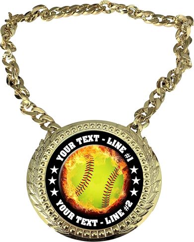 Express Medals Custom Flame Softball Chain Trophy مع خطين من النص الشخصي على ميدالية كبيرة للبلاستيك الصلبة وسلسلة رقبة ذهبية طويلة 34 بوصة. EMFCL805 in Saudi Arabia