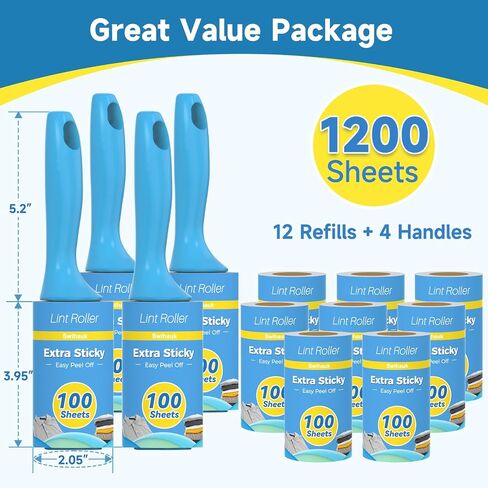 Swihauk 1200 Sheets Extra Sticky Lint Rollers for Pet Hair, Easy Spiral Tear Lint Roller for Clothes with Ergonomic Handle, Multipurpose Lint Remover for Furniture, Carpet, Car Seat in Saudi Arabia