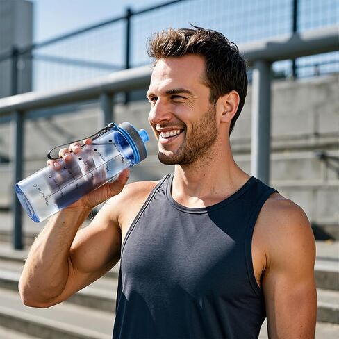 Plastic Water Bottles, 28oz Clear Water Bottle with Measurements, Wide Mouth Water Bottle with Strap, Gym Water Bottles for Men (Grey) in Kuwait