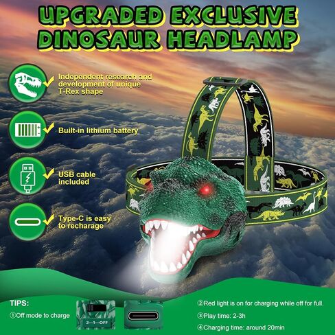 Nitigo Dinosaur Headlamp for Kids Flashlight Rechargeable Led Headlights Roar & Silent Mode, T-Rex Dinosaur Toys, Camping Gear, Gifts for Boys Girls Adults in Kuwait