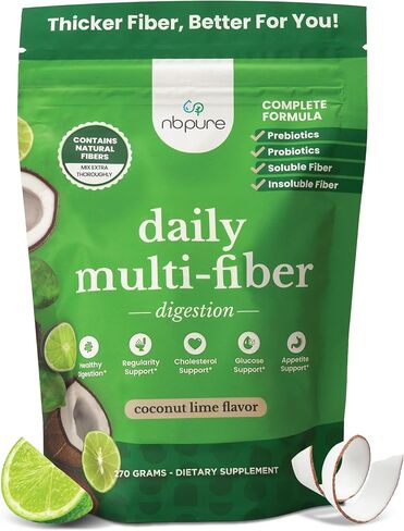 nbpure Daily Fiber Powder Blend for Digestive Health, Cholesterol Support, Healthy Weight Management - with Prebiotic, Insoluble, Soluble Fiber + 4 Probiotic Strains for Women, Men, Kids, Coconut Lime in Kuwait