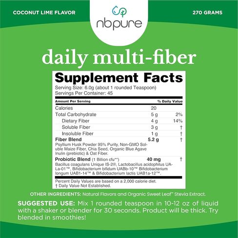 nbpure Daily Fiber Powder Blend for Digestive Health, Cholesterol Support, Healthy Weight Management - with Prebiotic, Insoluble, Soluble Fiber + 4 Probiotic Strains for Women, Men, Kids, Coconut Lime in Kuwait