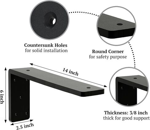 Countertop Support Bracket 12 Inch 3 Pack 3/8" Thick Black Heavy Duty Granite Support Bracket 12"x6"x2.5" L Shape Iron Metal Support for Granite Quartz Wood Laminate Countertops in Saudi Arabia