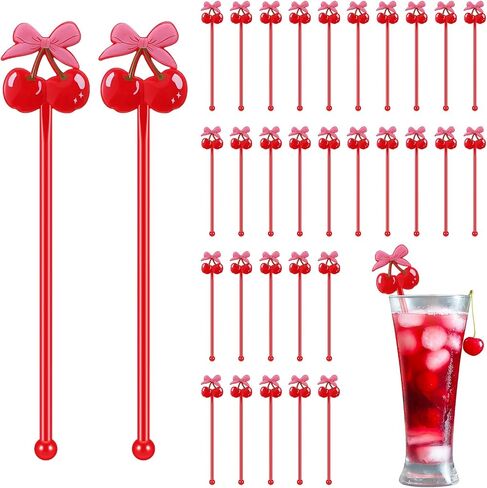 30 Pcs Cherry Bow Drink Stirrers 6 Inch Pink Red Coquette Bow Swizzle Sticks Plastic Preppy Coffee Cocktail Stir Sticks for Bachelorette Galentines Day Valentines Wedding Party Favors in Saudi Arabia